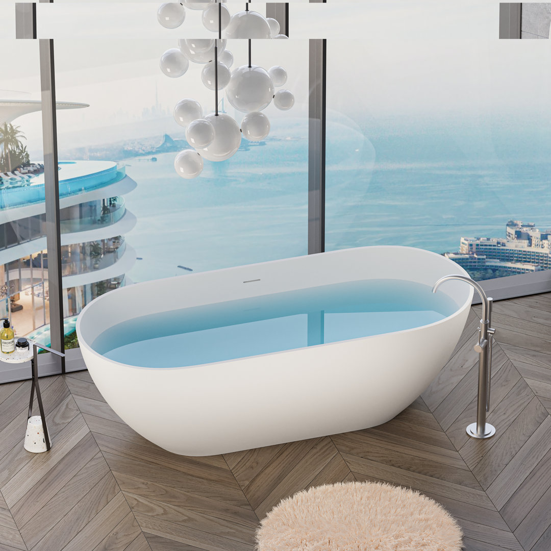 59" x 30" Freestanding Soaking Solid Surface Bathtub Stone Resin Bath Tub with Overflow and Pop-up Drain for Contemporary Bathroom, 3 Colors Option